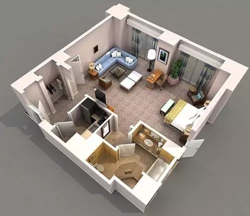 单身公寓设计图纸，新中式55㎡单身公寓设计图纸